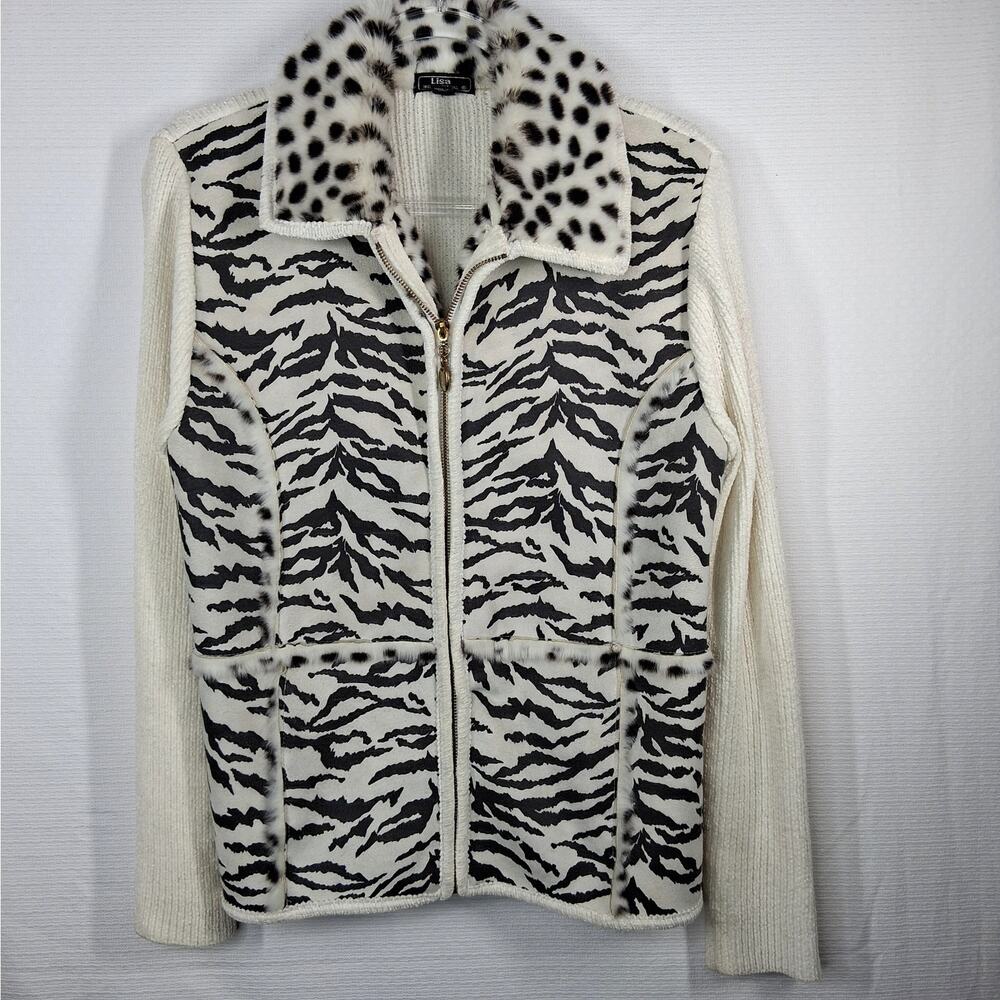 Lisa International Mixed Animal Print Sweater Jacket Women's Small Zebra Cheetah